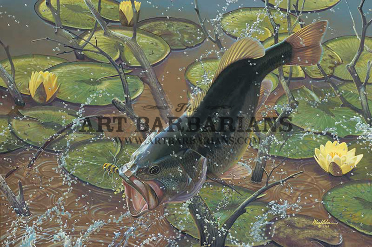 Sport Fishing: Leaping Smallmouth Bass, 1950 (colour litho)