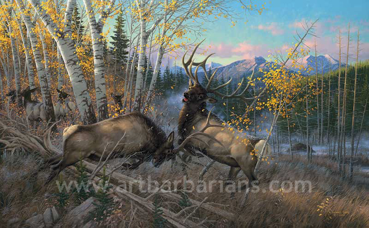 elk fighting painting